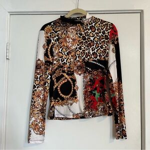Shein leopard gold chain red rose black white spandex stretch long sleeve top